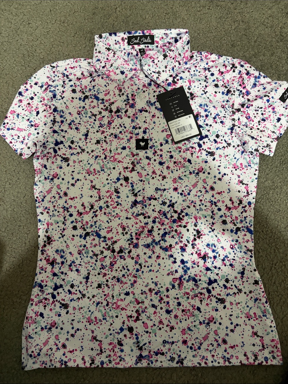 Bad Birdie White Splatter-Print Polo Top in Pink and Blue